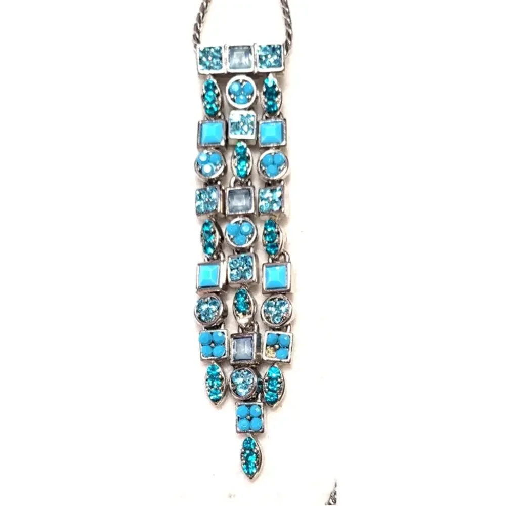 Vtg Blue Rhinestones Multi Panel Fringe Statement Pendant Necklace Silver Tone